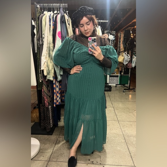 🟠 97B. Swiss Dot Ruched Bodice Open Back Tiered Midi Dress - Green - Picture 8 of 9